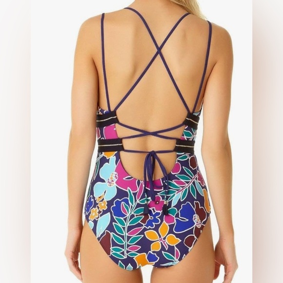 Cole of California Floral Navy Plunge One Piece Size 12 - Picture 3 of 6